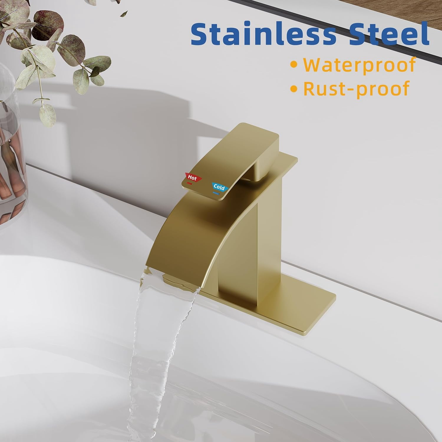 RUACQ Waterfall Bathroom Faucet,Single Handle Bathroom Sink Faucets for 1 or 3 Hole, Stainless Steel Washbasin Mixer Tap with Deck,Pop-up Drain and Supply Hoses (Gold)
