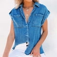 thumbnail image 5 of Riforla Summer Pure Color Retro Women's Short Sleeve Denim Shirt Womens Tops Blue XL, 5 of 9