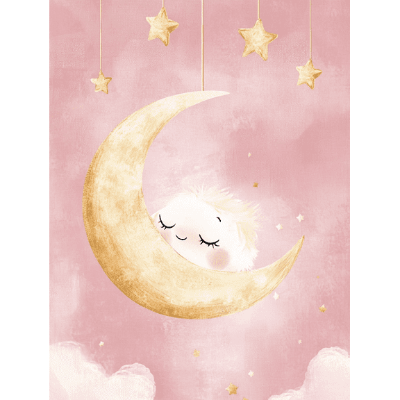 Gold Moon and Fluffy Cloud Canvas Print Wall Art Suitable for Bedroom Nursery Living Room Girl's Room and Baby Room Decor.