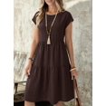 thumbnail image 3 of Womens Chocolate Brown Boho Midi Dress, Short Sleeve Round Neck Linen-Like, 3 of 7
