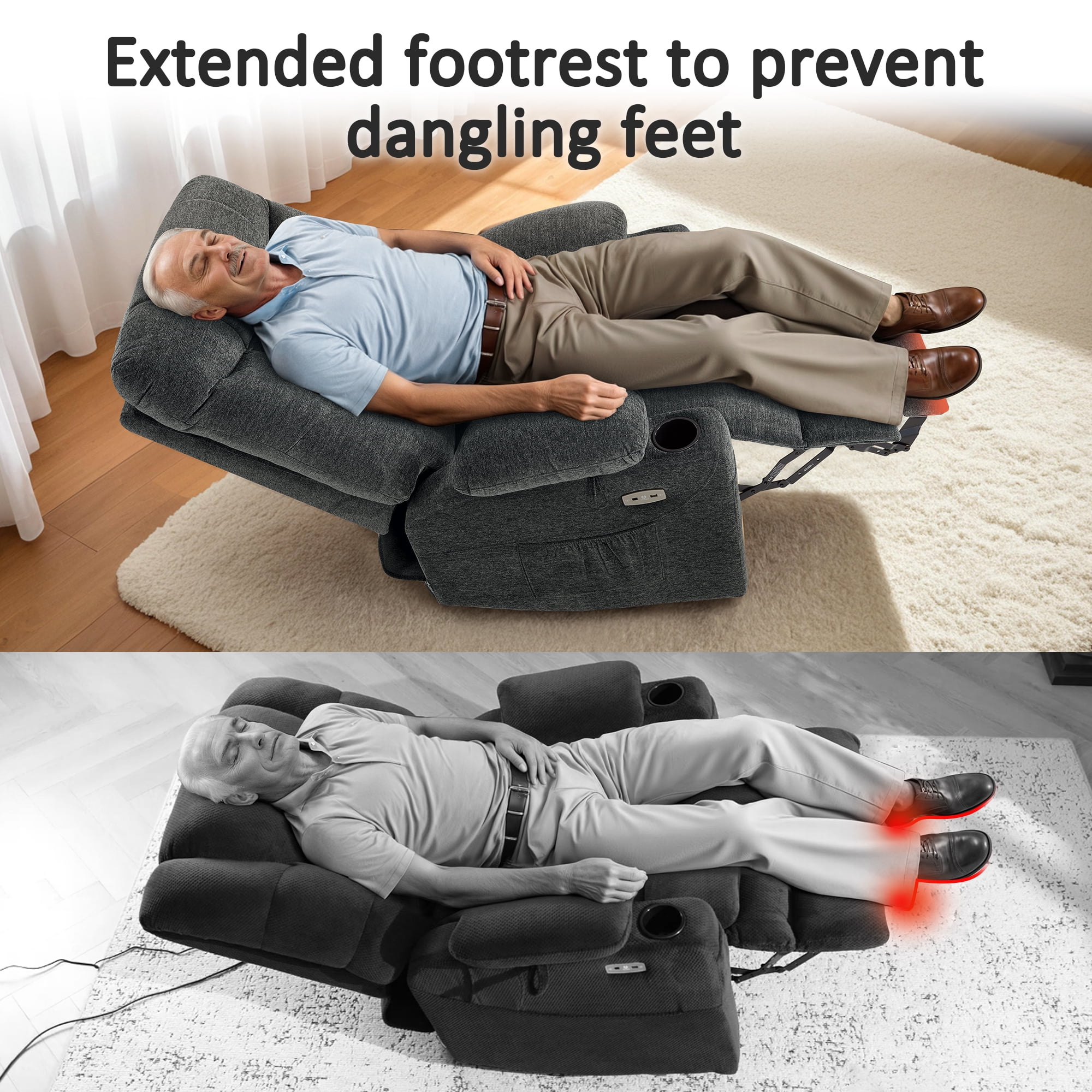 MCombo Large Power Lift Recliner Chair with Extended Footrest for 5'7"-6'2" Elderly People, Fabric, Dark Grey