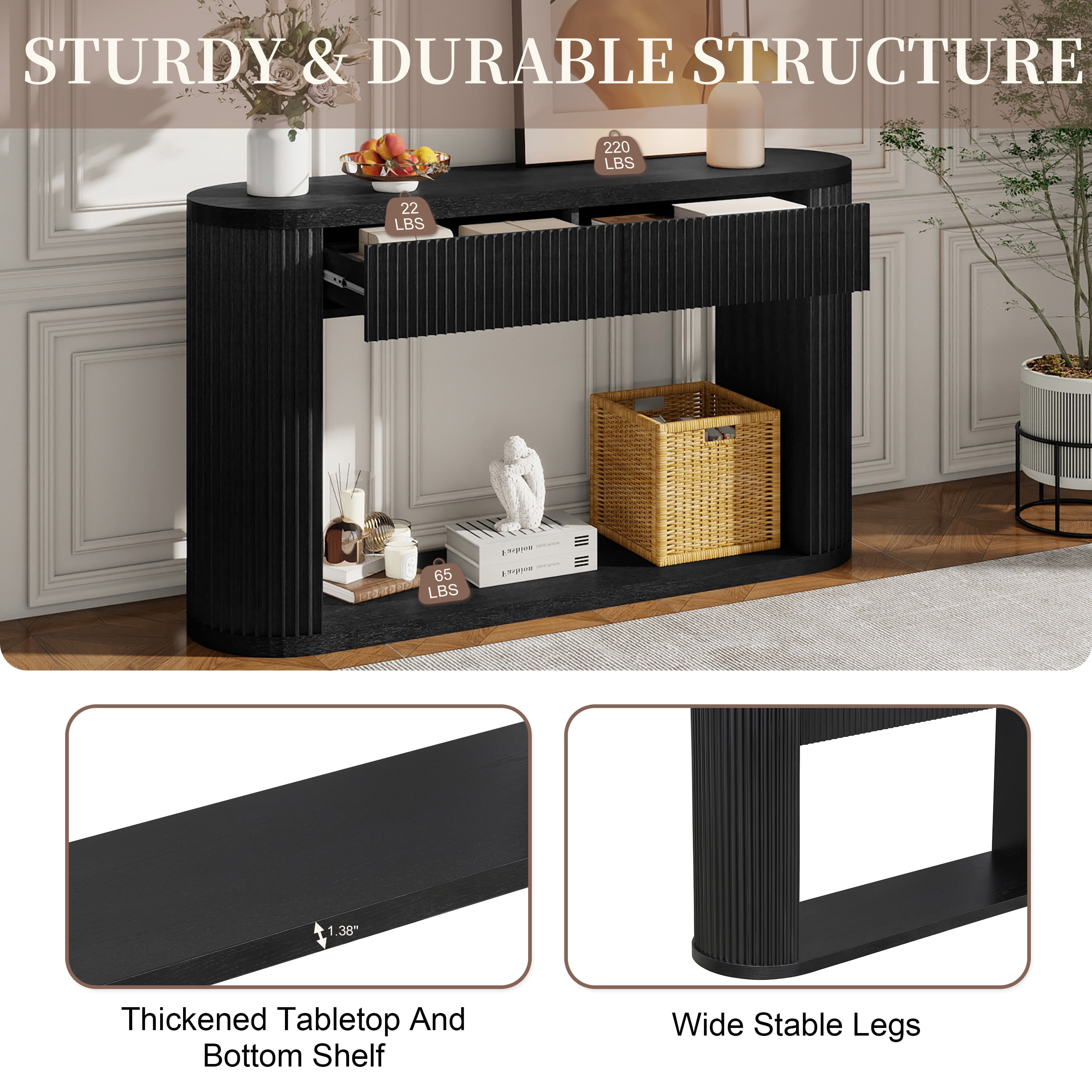 Euroco 53" Fluted Console Table with 2 Drawers, Modern Entryway Table with Storage & Bottom Shelf,Wood Long Sofa Table Behind Couch for Living Room, Hallway, Foyer,Black