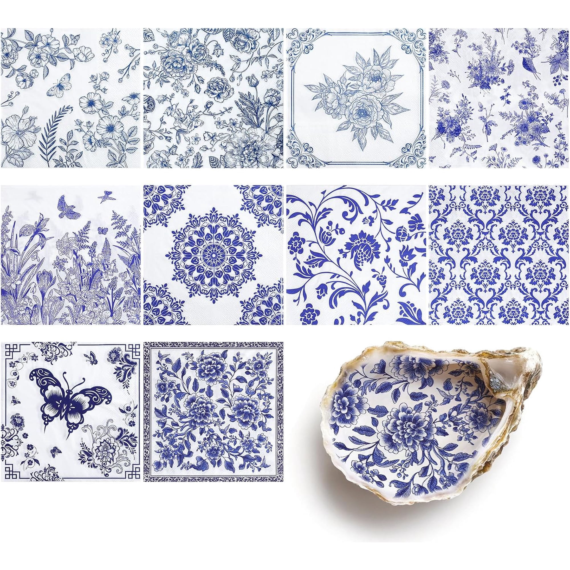 HomeMate 30 Pack Decoupage Napkins, 10 Styles Blue and White Floral Paper Napkins | Chinoiserie Decorative Decoupage Napkin Printed Cocktail Paper for Summer DIY Crafting Birthday Party Baby Shower