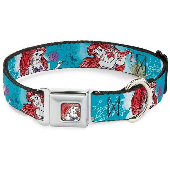 Disney Pet Collar, Dog Collar Metal Seatbelt Buckle, Ariel Sketch Poses Blues Lavender, 16 to 23 Inches 1.5 Inch Wide