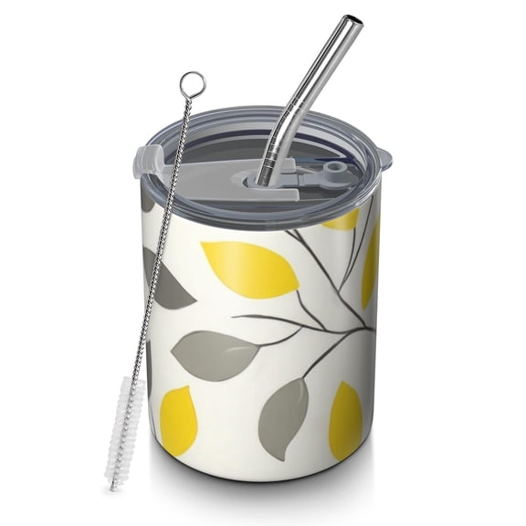 12oz Coffee Tumblers Yellow and Gray Leaves Modern Art Stainless Steel Vacuum Insulated Travel Tumbler Coffee Cups Mug with Lid and Straw with Cleaning Brush for Cold & Hot Drinks