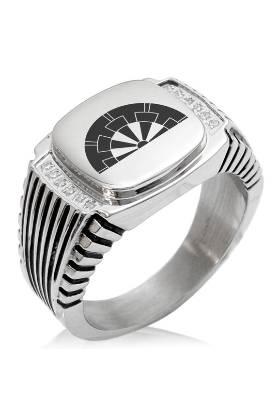 Stainless Steel Ikoma Samurai Crest CZ Ribbed Needle Stripe Pattern Biker Style Polished Ring