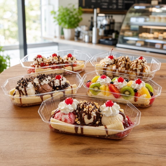 50 Pcs Clear Boat Shaped Dessert Bowls, Large Plastic Serving Trays for Ice Cream, Fruit, Sushi and Snacks, Disposable Food Containers for Restaurants, Parties and Summer Events