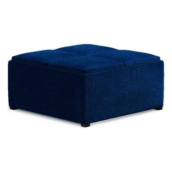 Simpli Home Avalon Contemporary Coffee Table Storage Ottoman with Four Flip Over Trays, Blue Velvet