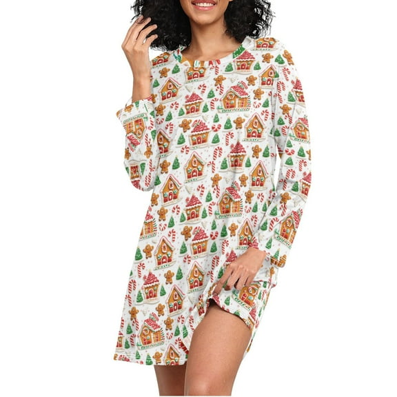 joogoo Gingerbread Christmas Women's Long Sleeve Nightgown Sleepwear L