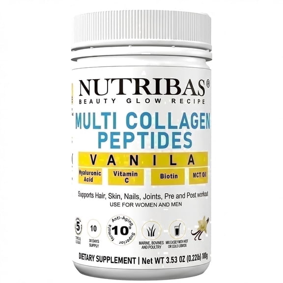 Nutribas Protein Multi Collagen Peptides Powder Whole Body Support Formula With MCT, Vitamin C, Biotin & Hyaluronic Acid , Vanilla, 4 oz