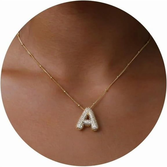 Bubble Letter Necklace Gold, A-Z Balloon Initial Necklaces Rhinestone Puff Letter Pendant Chunky Alphabet Necklace For Women[o6691]