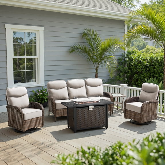 Opohoro 5-Piece Outdoor Conversation Set with 41" Metal Fire Pit Table, Brown Rattan Sofa Set with Swivel Rocker Chairs and End Table, Beige for Patio Backyard