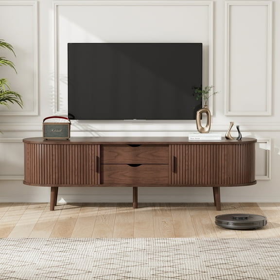 55" TV Stand with Drawer and Shelves fit 45"- 60" TVs. Farmhouse Modern TV Stand, Boho Wood Entertainment Center for Living Room and Bedroom, Media Console and Modern TV Console Table, Walnut