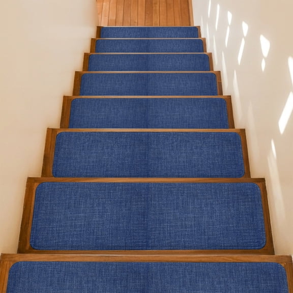 Navy Blue Linen Stair Treads Non Slip for Steps Farmhouse Pure Color Country Vintage 10 Pcs Reusable Adhesive Stair Runner Mats for Dogs Elders Carpet Treads Rugs for Staircase 8x30 In