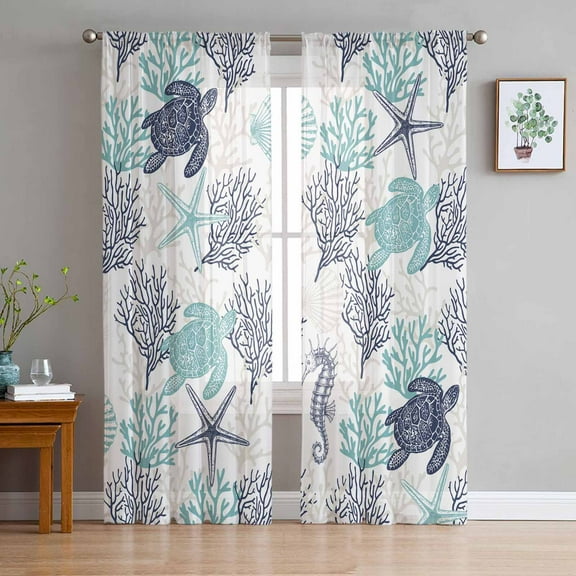 Teal Blue Coastal Semi Sheer Curtains 96 Inch Length 2 Panels Set, Sea Turtle Nautical Coral Summer Beach Sheer Kitchen Curtain Privacy Voile Window Curtain for Living Room Bedroom Rod Pocket Drapes