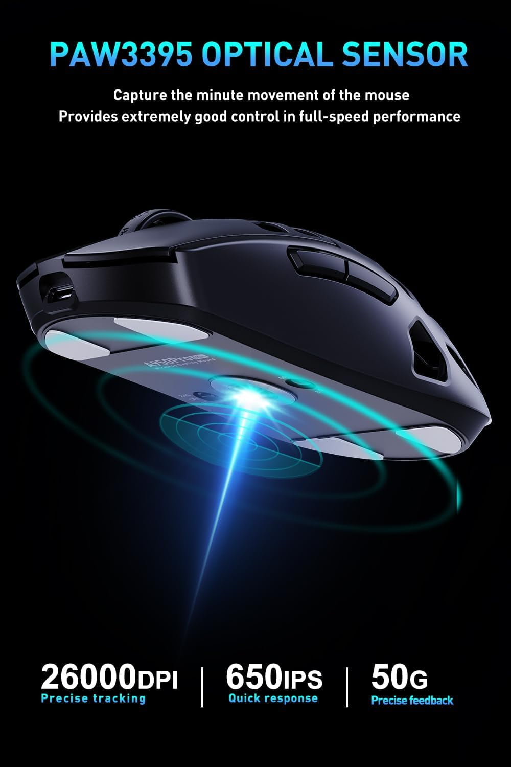 DAREU A950pro 4K Wireless Gaming Mouse:55g Ultra-Lightweight,4KHz Polling Rate,PAW3395 Optical Sensor,26K DPI,6 Programmable Buttons,Support 15min Fast Charging &Tri-mode Connection (Black)