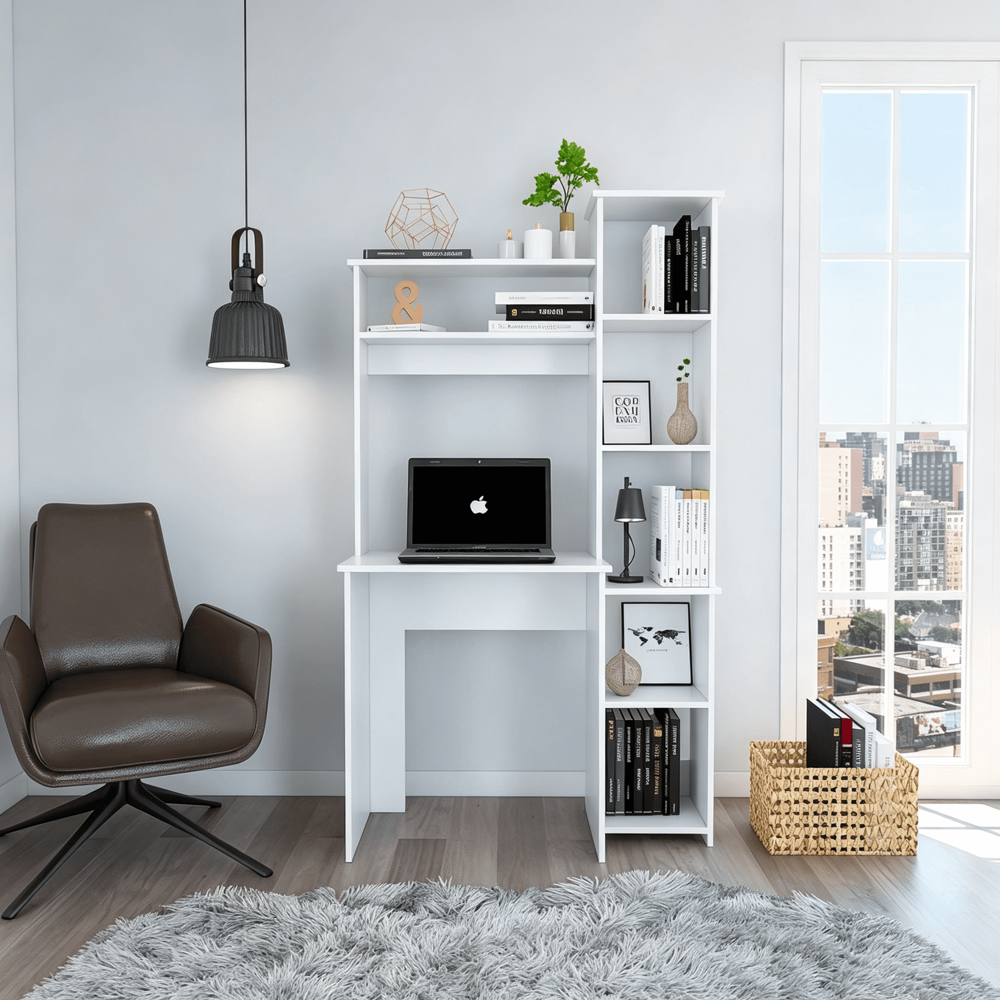 Asteroutdoor White 6-Shelf Writing Desk with Built-in Bookcase