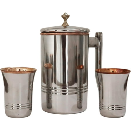 Premium Brass Knob with Long Glass Pitcher & 2 Tumblers for Ayurveda (57.48 fl oz)
