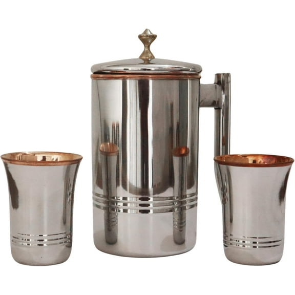 Premium Brass Knob with Long Glass Pitcher & 2 Tumblers for Ayurveda (57.48 fl oz)