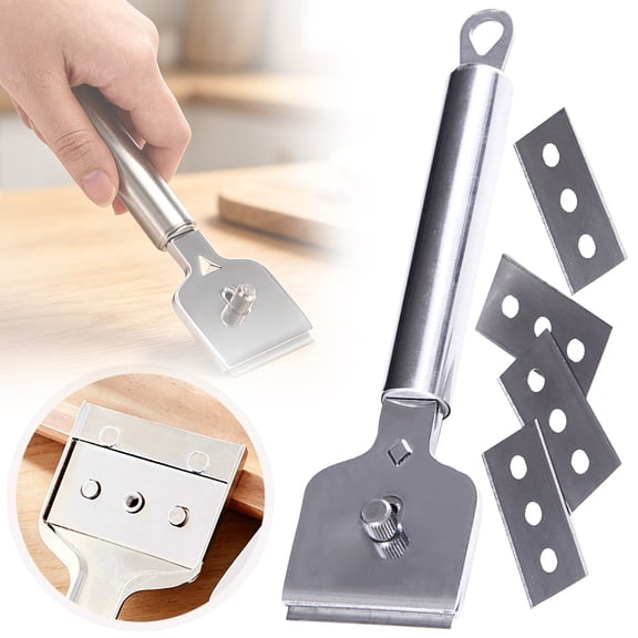 YardChic Metal Cleaning Scraper Tool with 4 Spare Inserts, Hand‑Held Multi‑Purpose Sticker Scraper Tool Cleaning with Hanging Hole,Glass Scraper for Kitchen Stovetop Glass Tile Surface Deep Cleaning