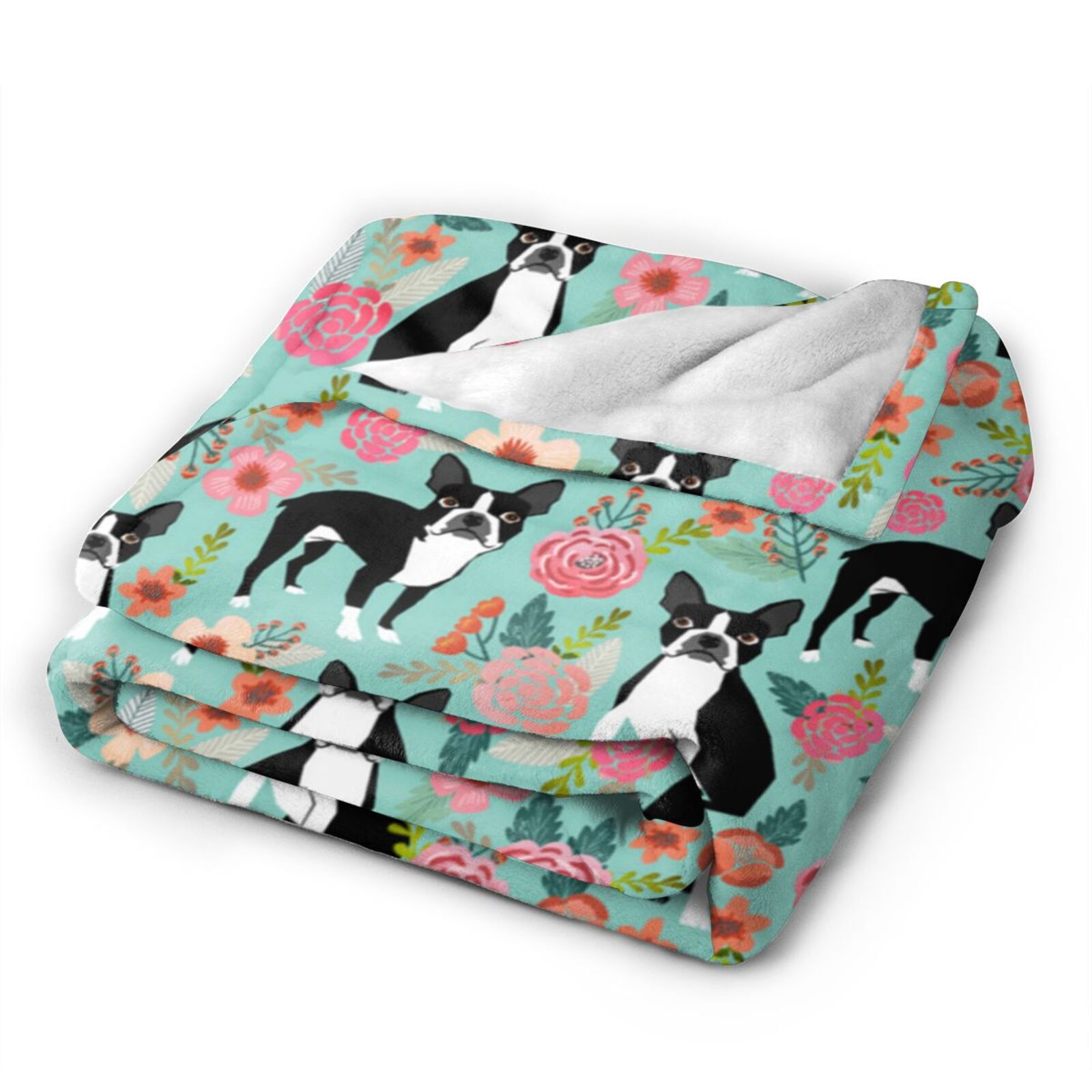 Boston Terrier Dogs Lovers Flower Floral Blanket Gifts For Kids Adults - Lightweight Throw Blanket For Bedroom Living Room Decor Soft Fuzzy Fleece Cozy Plush Bed Couch 80"X60"