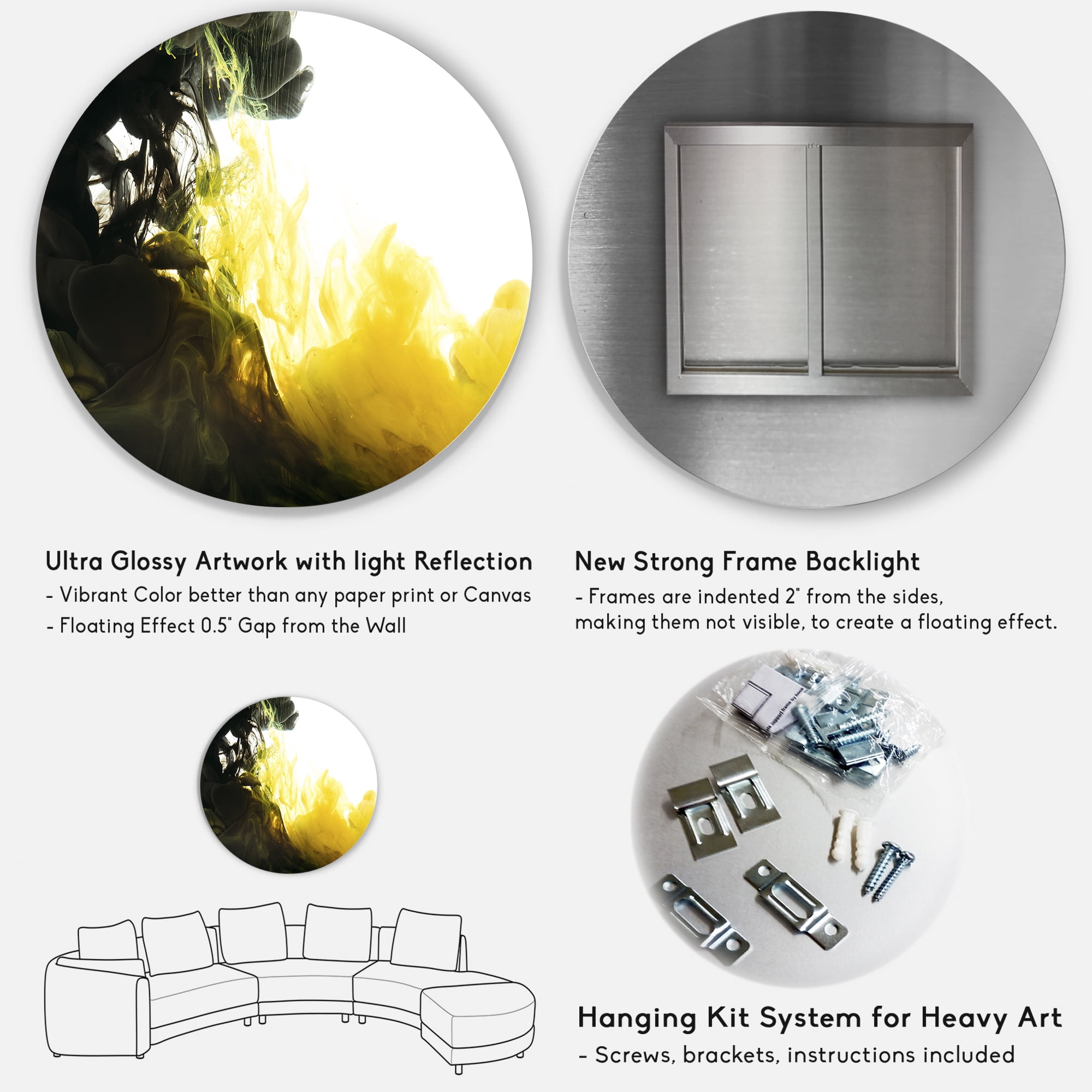 Designart 'Abstract Of Yellow Meeting Black' Modern Circle Metal Wall Art 36x36 - Disc of 36
