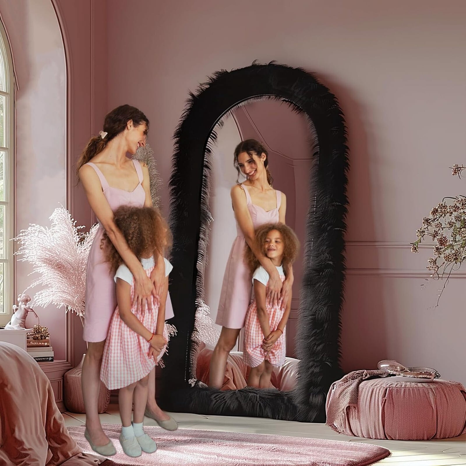 AUROMIR 71"x32" Arched Full Length Mirror Free Standing Mirror with Fluffy Framed, Black