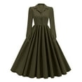thumbnail image 2 of asdoklhq Womens Dress Ladies' Fall V-neck Long Sleeved Solid Color Lapel Cinched Waist Elegant Dress Army Green M, 2 of 5