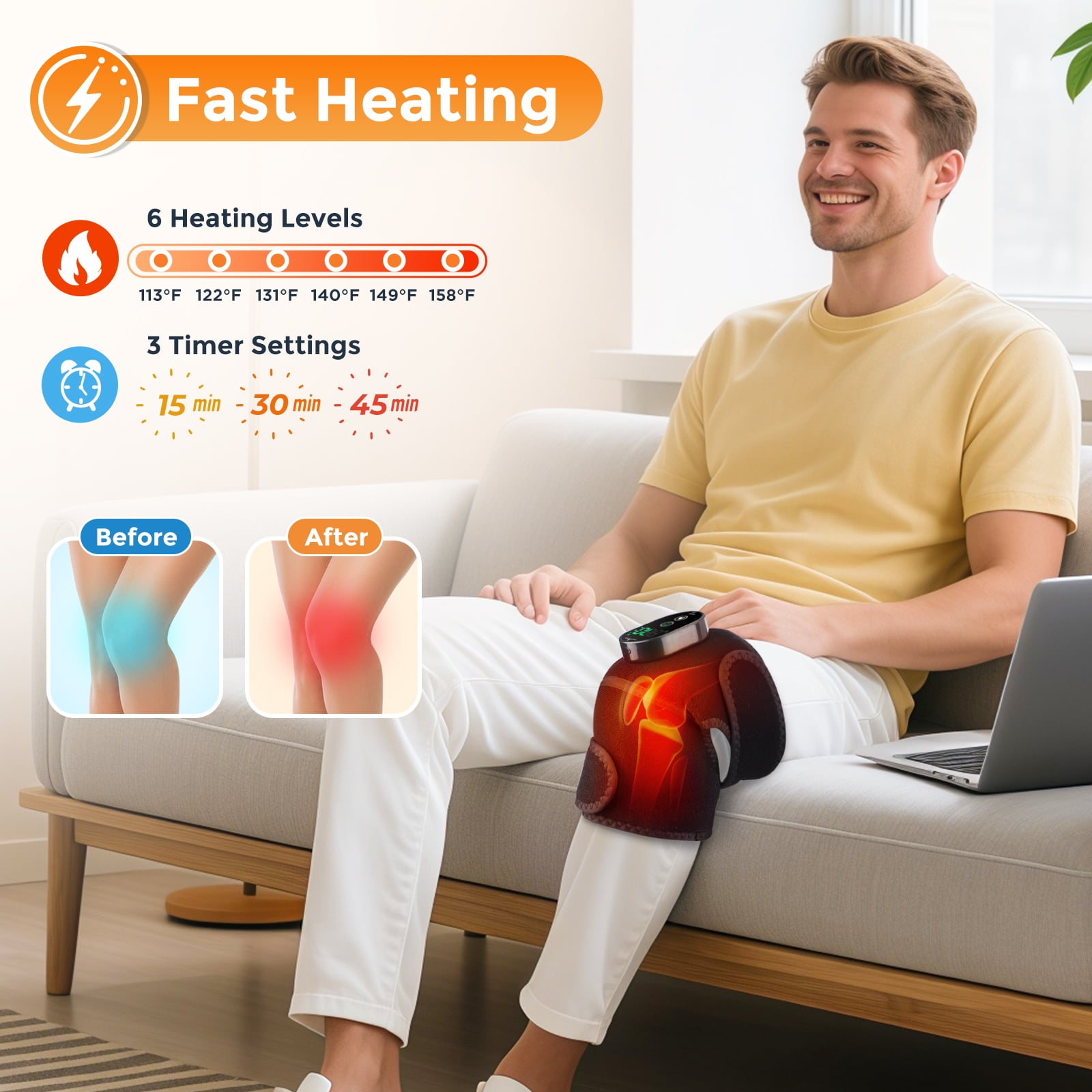 Knee Heating Pad,Knee Brace with Heating, - 6-Temperature Levels, 4 Timer Settings, 3000mAh Rechargeable Battery, Fits Knees/Shoulders/Elbows, Extra Extension Straps
