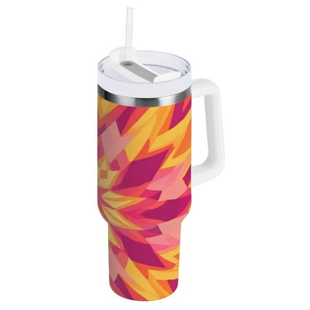 

30oz Travel Mug with Straw Car Bottle Insulated Mug with Handle Reusable Stainless Steel Water Bottle for Car Travel Home Orange Geometric Star Shape