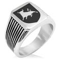 thumbnail image 1 of Stainless Steel Bull Bravery Coat of Arms Shield Needle Stripe Pattern Biker Style Polished Ring, 1 of 1