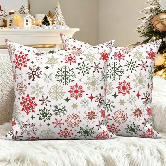 18x18 Inch Christmas Snowflake Throw Pillow Covers Set of 2 Double-Sided Red Green White Winter Holiday Decorative Pillow Cases