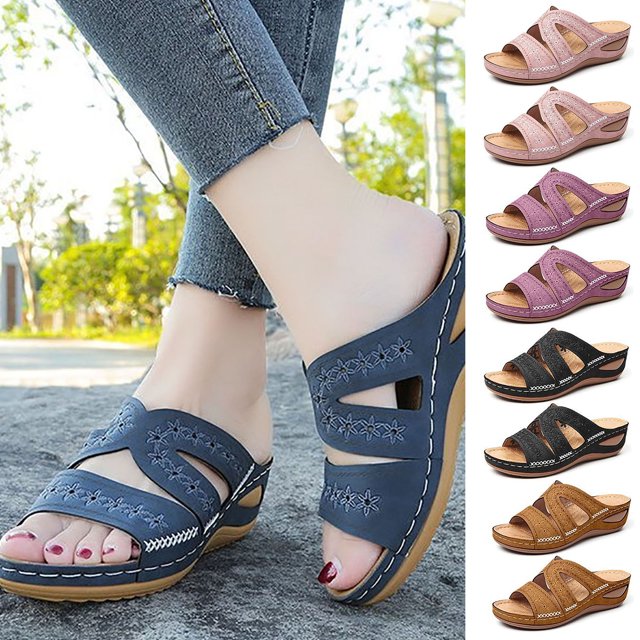 HEVIRGO 1 Pair Embroidery Flower Pattern Beach Sandals Fish Mouth Open Toe Platform Sole Shoes Walking Shoes