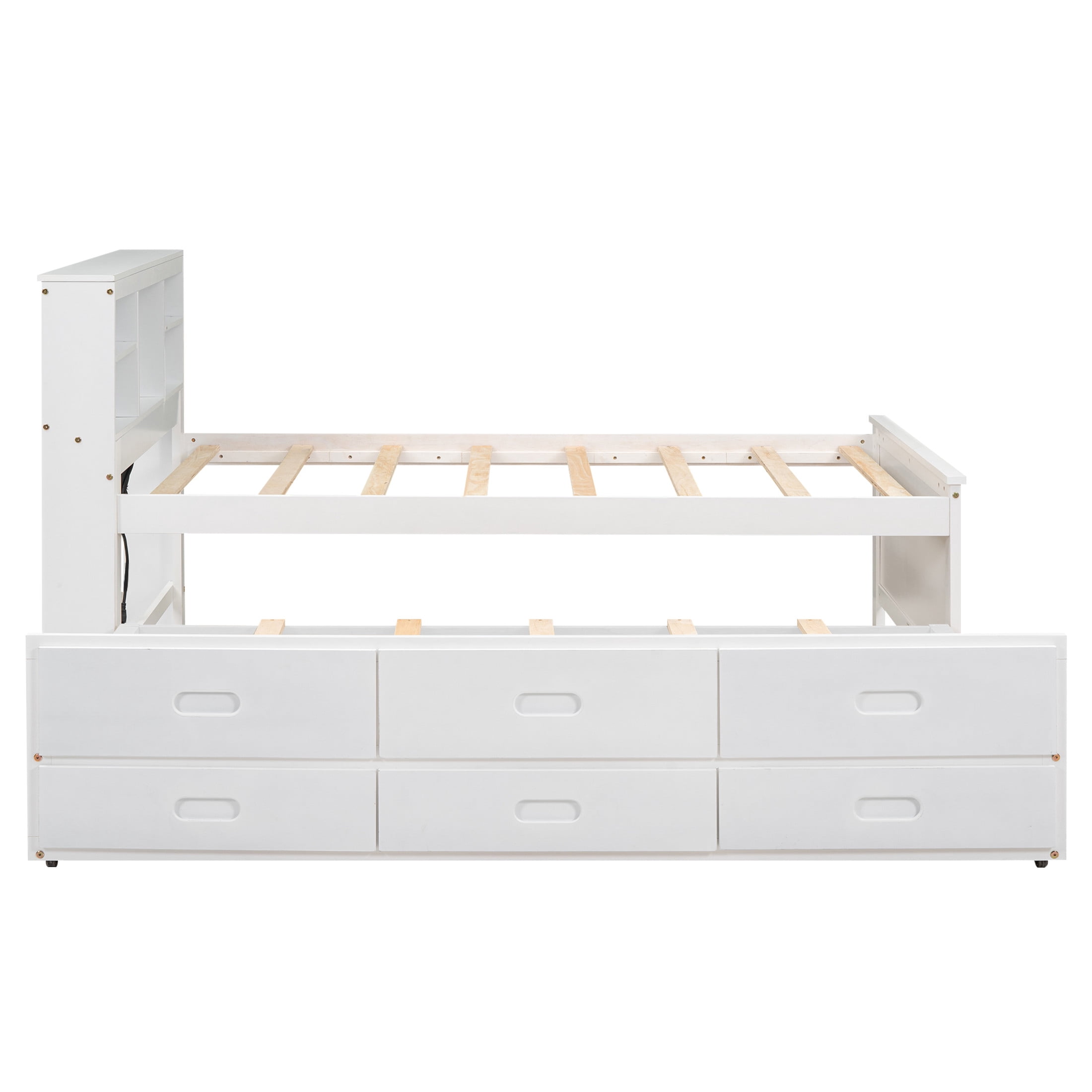 Noble House Nerissa Twin Platform Bed with Bookcase Headboard, USB Ports, Extra Trundle and Storage Drawers, White