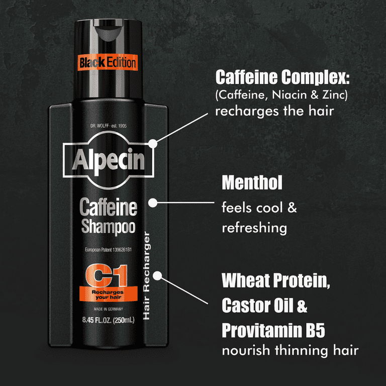 Alpecin Caffeine Shampoo C1 Black Edition, Men's Natural Hair Growth Shampoo Thinning Hair with Niacin, Menthol, and Castor Oil, 8.45 fl. oz. - Walmart.com