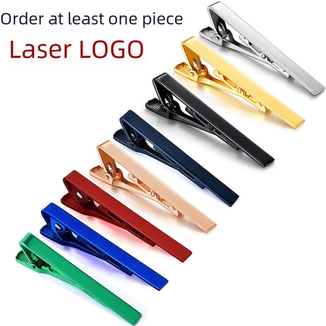 Clip de corbata con electroforesis de cobre, láser a color, logotipo para hombre, caja de regalo de plata y oro, letras DIY