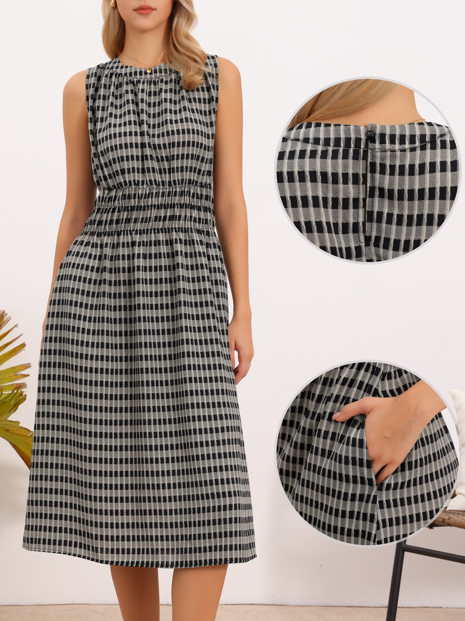 DARING DIVA Women's Sleeveless Plaid Crew Neck Smocked Waist Casual Midi Dress XL Black