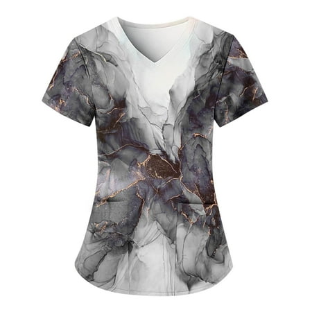 

Women Scrubs Tops Fashion Print Short Sleeve With Pockets V Neck Shirts Blouse Tops Comfortable Nursing Uniform