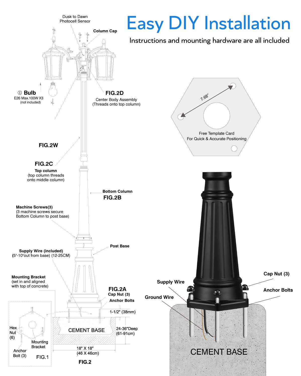 VIANIS Outdoor Lamp Post Lights with Dusk to Dawn Sensor, Triple Head Street Pole Light Fixtures Waterproof, Outside Electric Lantern Backyard Lighting, Christmas Lamp Post for Garden Patio Driveway