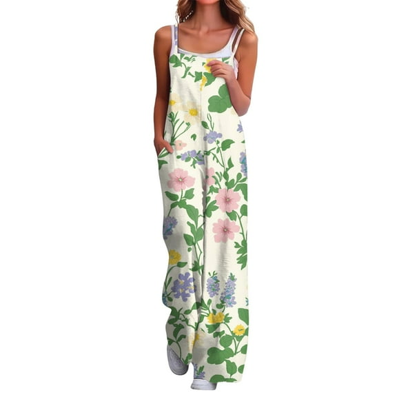 bbyeadc Boho Jumpsuit for Women Comfy Beach Wide Leg Spaghetti Strap Rompers for Women Casual Summer Linen Outfits for Women Trendy Bohemian Loose Overalls with Pocket, Army Green L