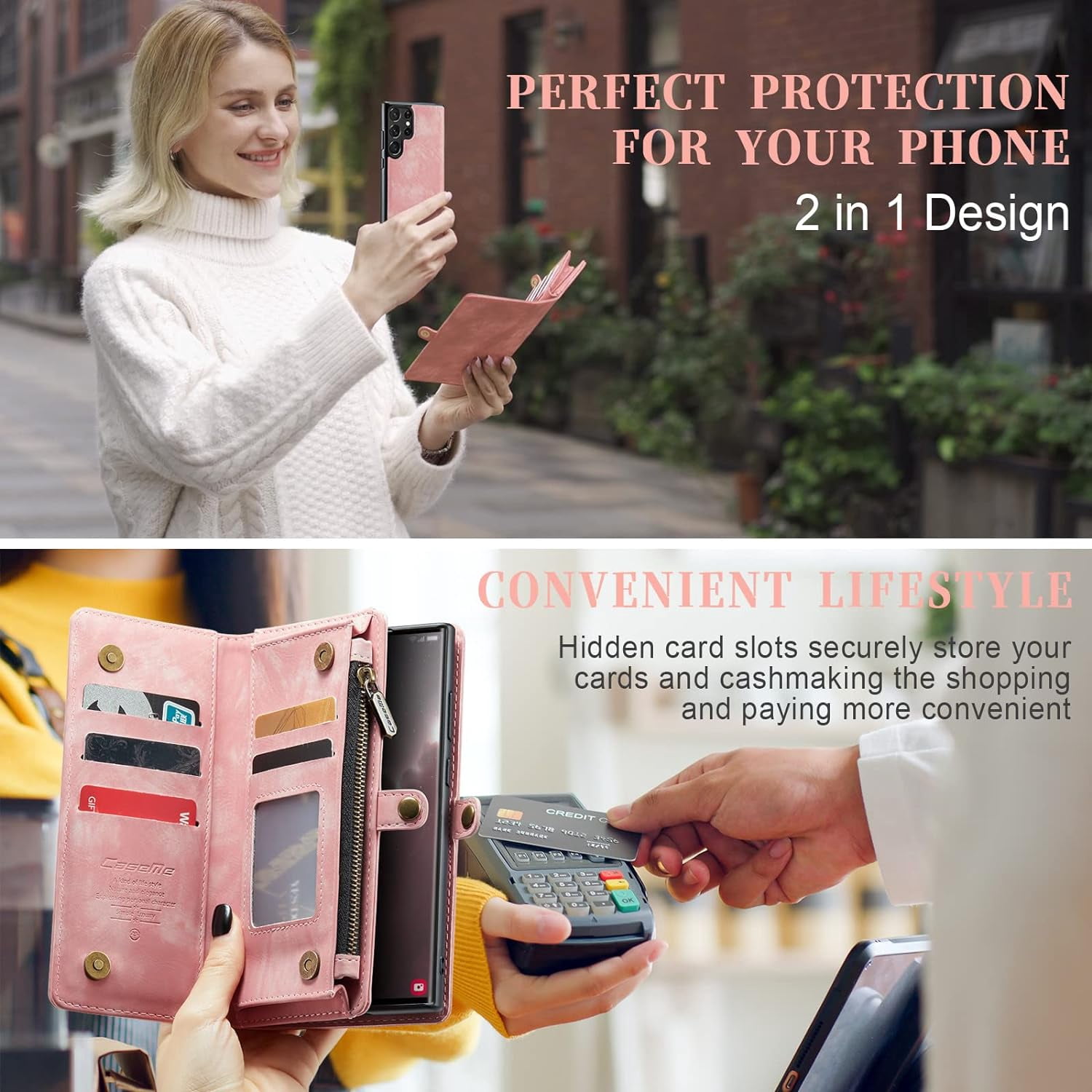 2 in 1 Detachable for Samsung Galaxy S23 Ultra Wallet Case with Card Holder, Retro Premium Flip Leather Cover  Zipper Pocket Phone Cases 6.8'' (Pink,S23 Ultra)