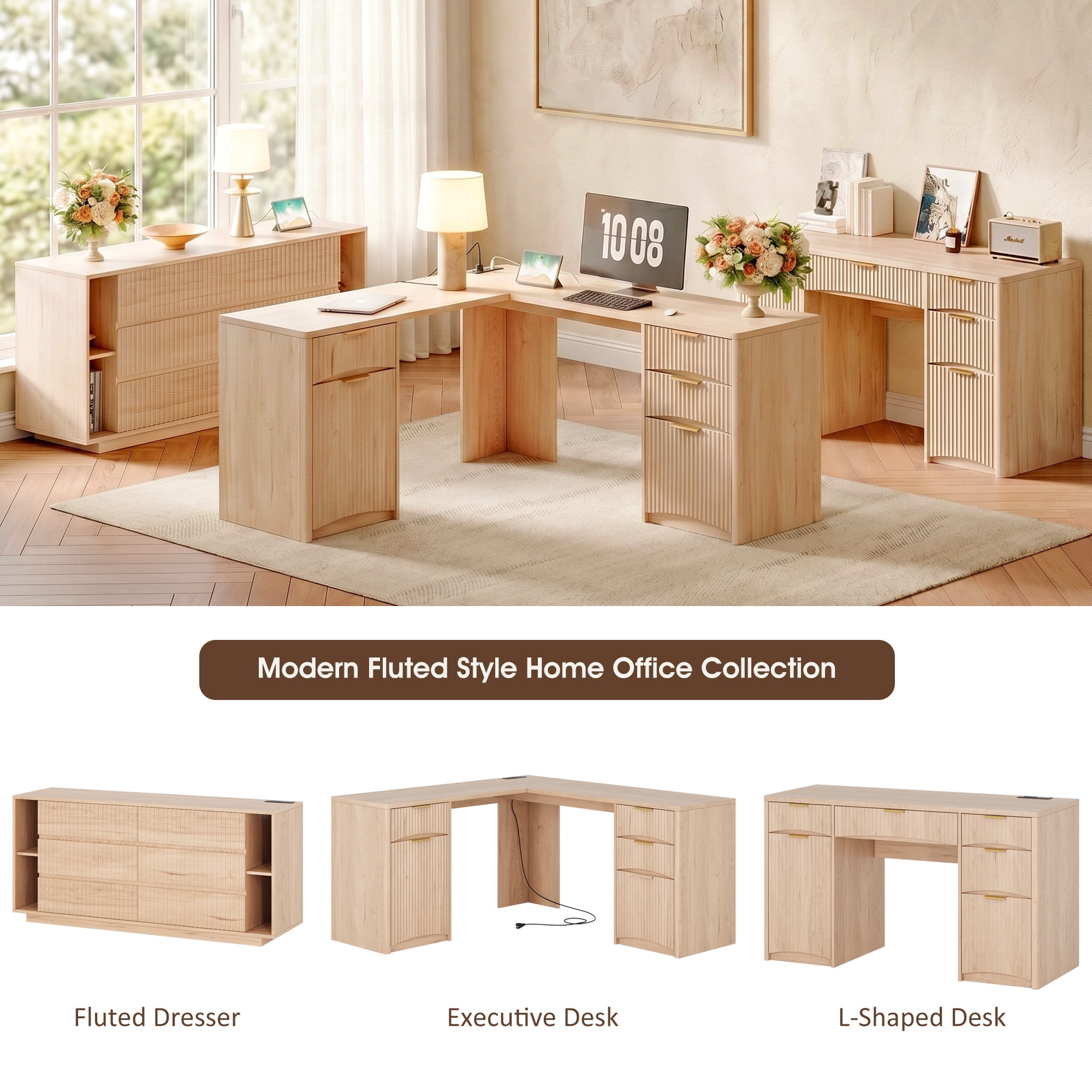 63'' Fluted L Shaped Desk with Drawers, Corner Computer Desk with Storage, Modern Executive Home Office Desk with File Cabinet and Charging Station, Natural Oak