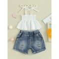 thumbnail image 2 of vera natura Kids Girls Shorts Set, Tie-up Pleated Camisole with Ripped Denim Shorts Summer 2-piece Outfit, 2 of 9