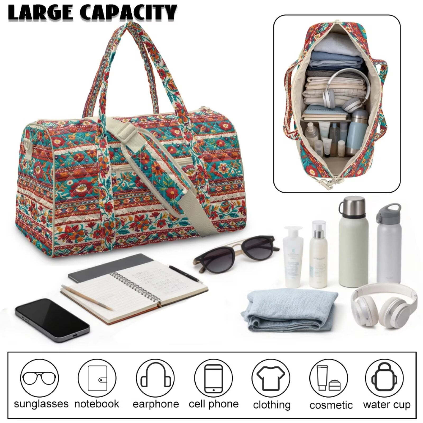 Pzuqiu Boho Floral Quilted Weekender Bag for Women Large Capacity Lightweight Travel Duffle Tote Carry On Overnight Gym Bag with Zipper and Luggage Sleeve Travel Tote Bags