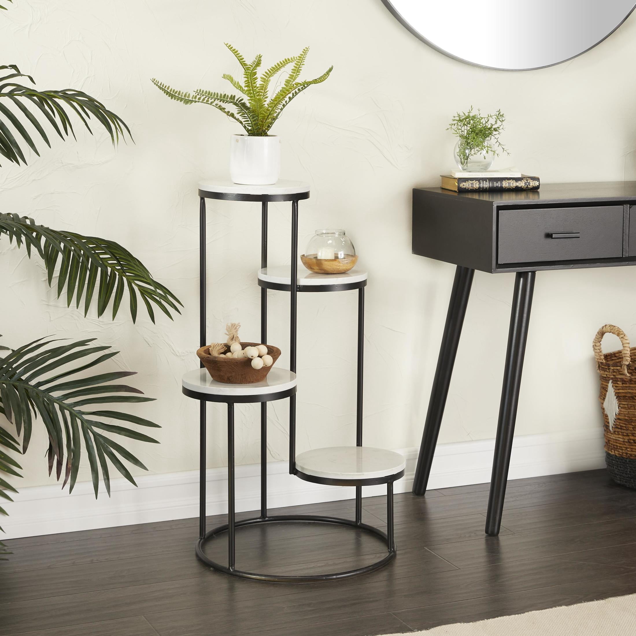 DecMode 17" x 17" x 31" 4 Tier White Marble  Plantstand with Black Base