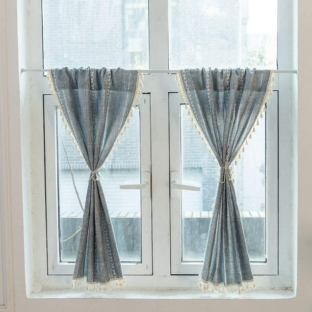 Nvzi Cortinas de cocina con bordado bohemio, borlas, bolsillo para varilla, lino texturizado, estilo rústico, para cafetería, 1 panel (azul, 52 x 63 pulgadas)