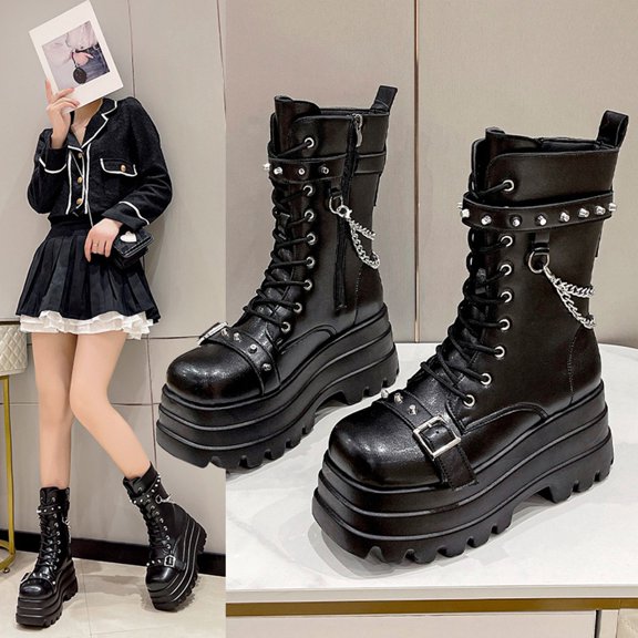 Kayannuo Valentine's Day Gifts for Women Retro Mid-calf Boots Women's Leather Fashion Lace Women's Comfortable Women's Shoes Retro Western Flat Boots, Mid-calf Boots Women's Flat Boots