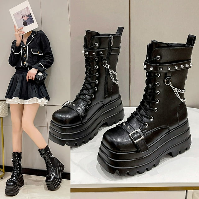 Styesk Bottes pour Femmes Rétro Mi-Mollet Bottes en Cuir Mode Dentelle Chaussures Confortables pour Femmes Bottes Plates Rétro Western, Bottes Mi-Mollet Bottes Plates pour Femmes Bottes de Travail pour Femmes