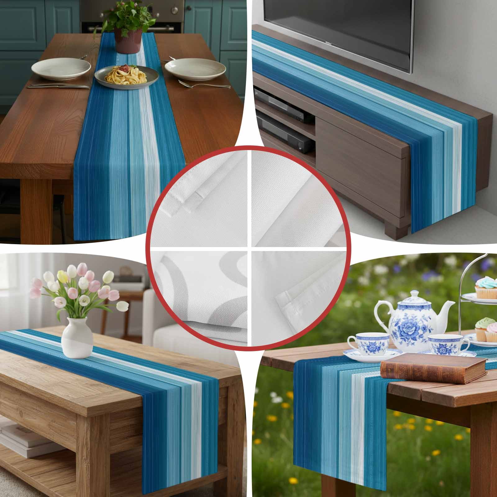 Blue White Gradient Ocean Wave Table Runner 90 Inches Long, Abstract Geometric Line Table Runners Tabletop Scarf Kitchen Dining Tables Decoration for Home Party Indoor Outdoor