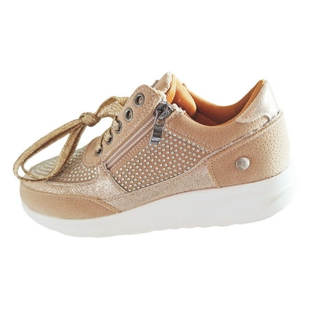 

ZIZOCWA Vintage Women S Leather Casual Shoes Lace Up Wedges Walking Shoe Breathable Plus Size Thick Bottom Lightweight Running Shoes Beige Size37